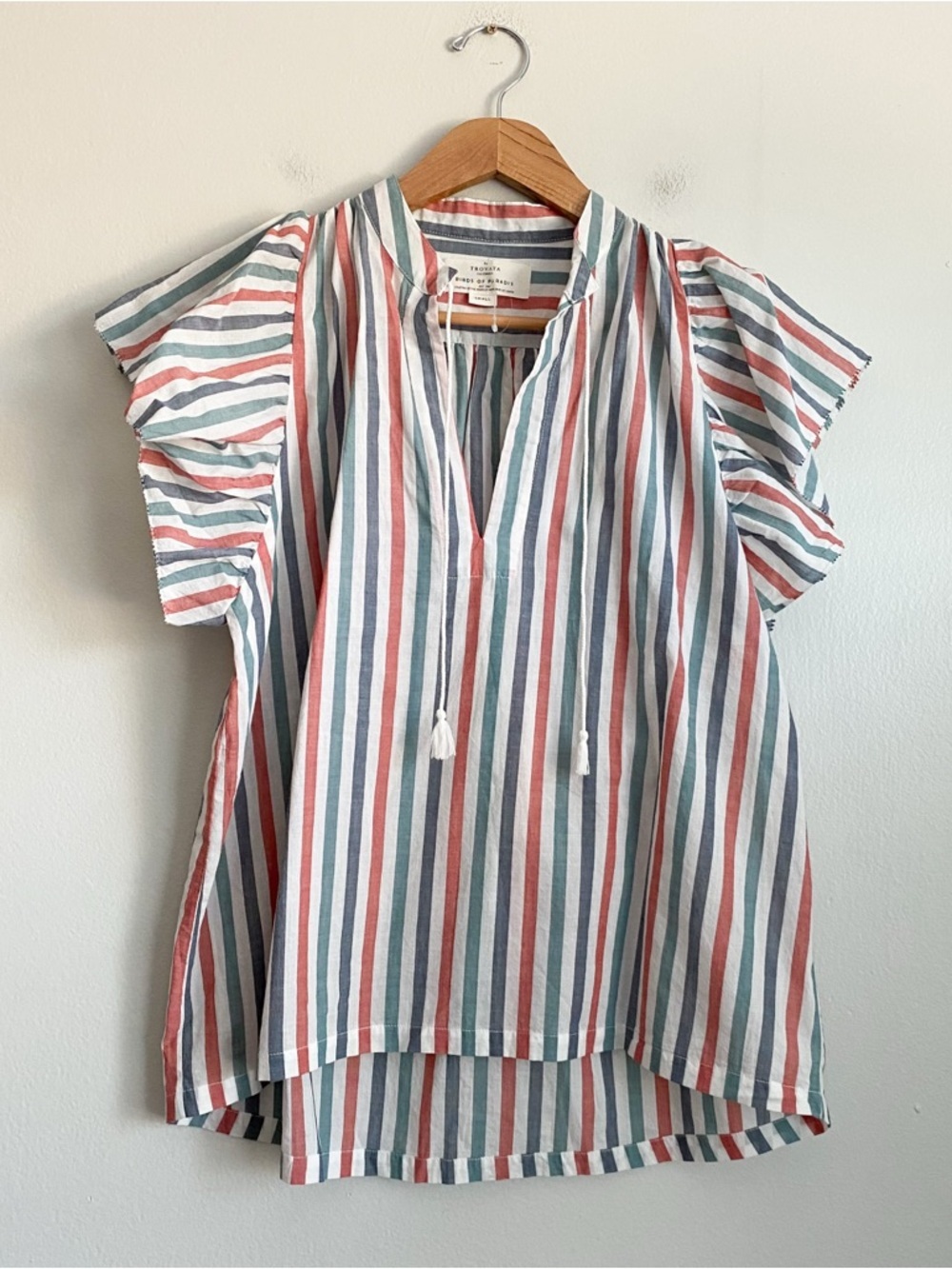 Trovata Striped Blouse Shirt Top Blue Red Short Flutter Sleeves Cottage Boho S - Picture 3 of 11